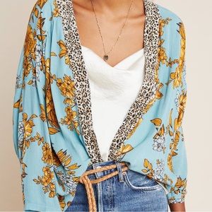 NWT Anthropologie Leopard Trimmed Floral Print Kimono